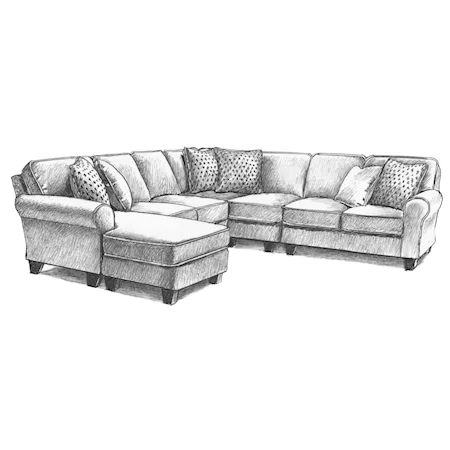 Five Piece Customizable Sectional Sofa with Sock Rolled Arms and Wood Feet